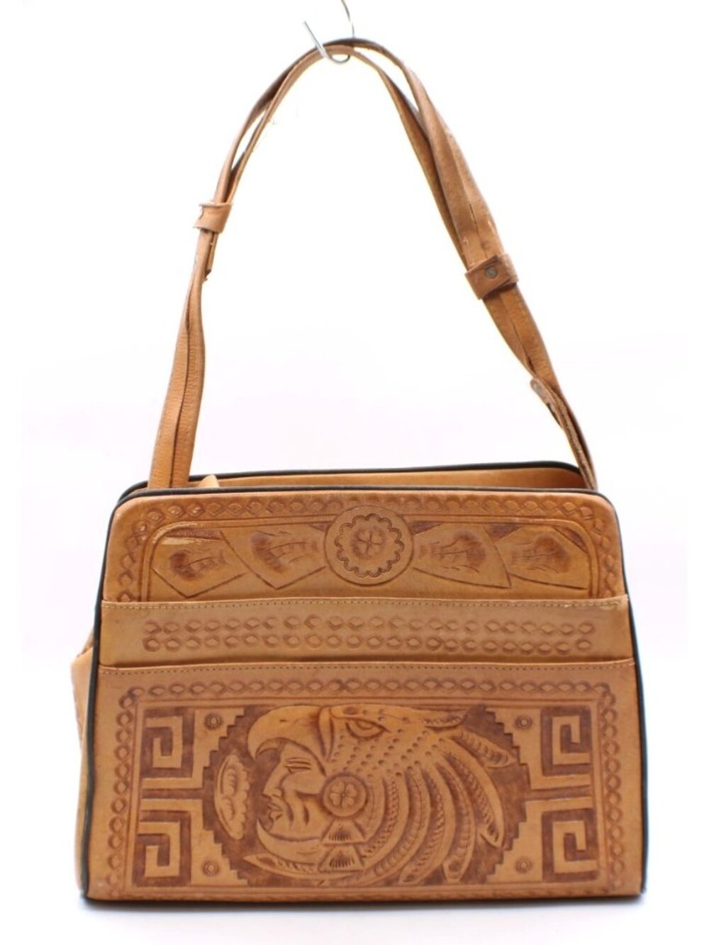 Hand Tooled Leather Shoulder Bag Aztec SW Inspired Embossed Pockets Vtg 60s-70s
